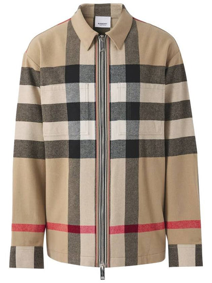 Luxury Burberry ExaGGerated Check Wool Cotton Overshirt Jacket Archive Beige