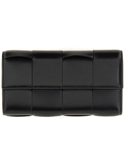 Luxury Bottega Veneta Cassette Flap Leather Long Wallet Black