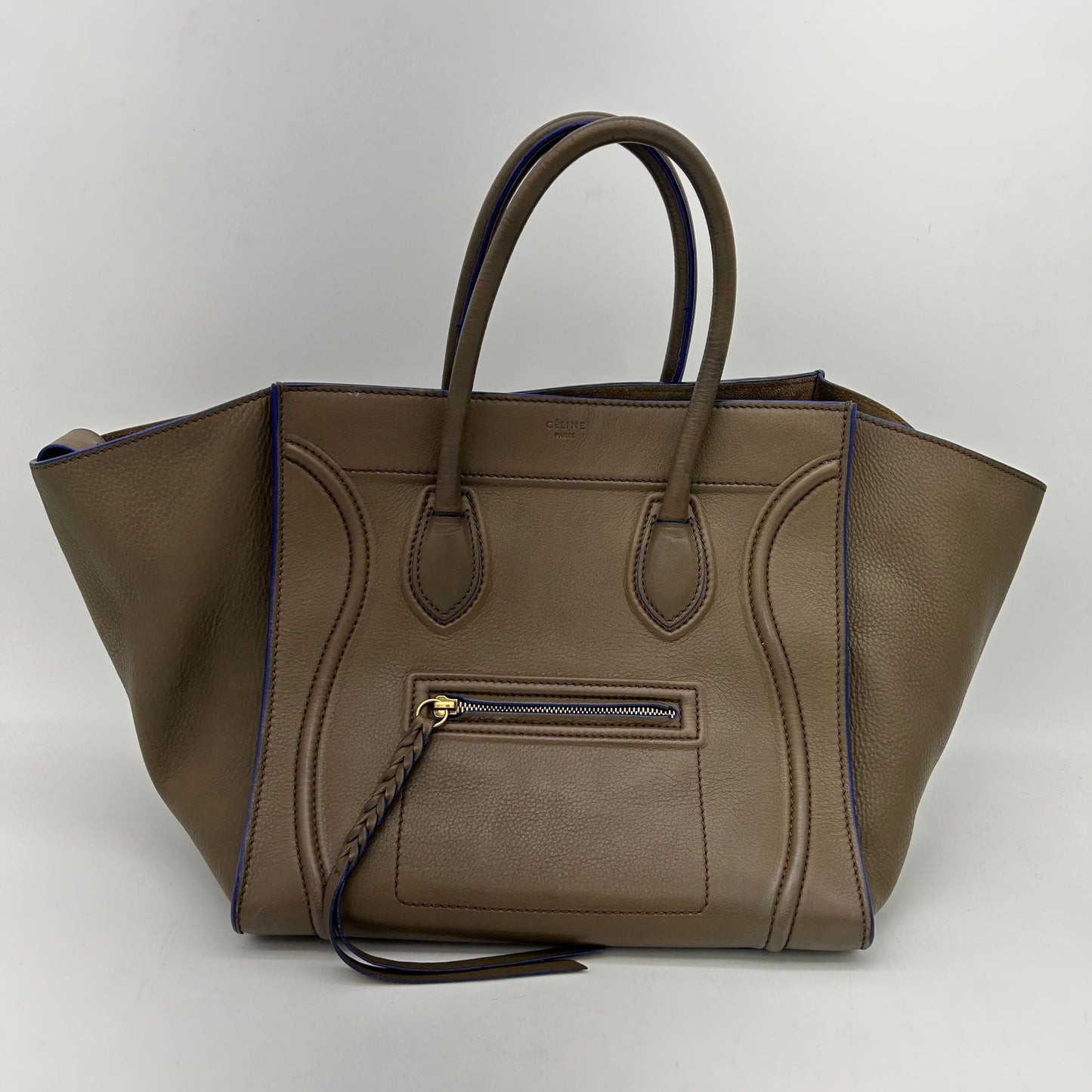 Luxury CELINE Smooth Calfskin Medium Phantom Luggage Khaki Cobalt Trim LA22130
