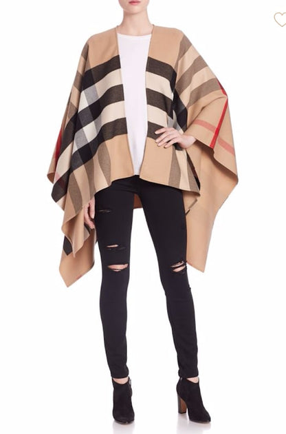 BURBERRY CAMEL WOOL CLASSIC CHECK CHARLOTTE REVERSIBLE CAPE