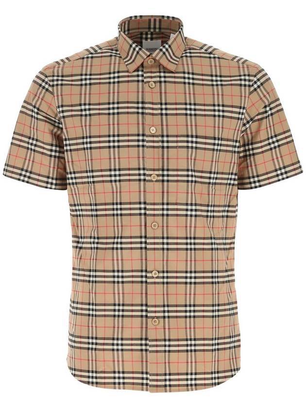 Luxury Burberry Small Scale Check Stretch Short Sleeve Shirt Archive Beige