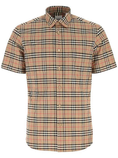 Luxury Burberry Small Scale Check Stretch Short Sleeve Shirt Archive Beige