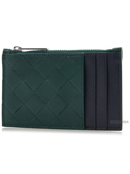 Luxury Bottega Veneta Intrecciato Zippered Leather Card Wallet Dark Green Navy