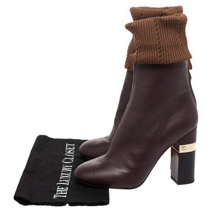 CHANEL BROWN MAILER 16K CHUNKY HEEL LOGO BOOTS