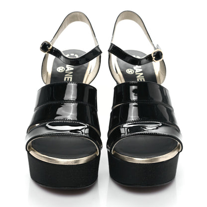 CHANEL CALFSKIN GROSGRAIN PEARL CC WEDGE SANDALS