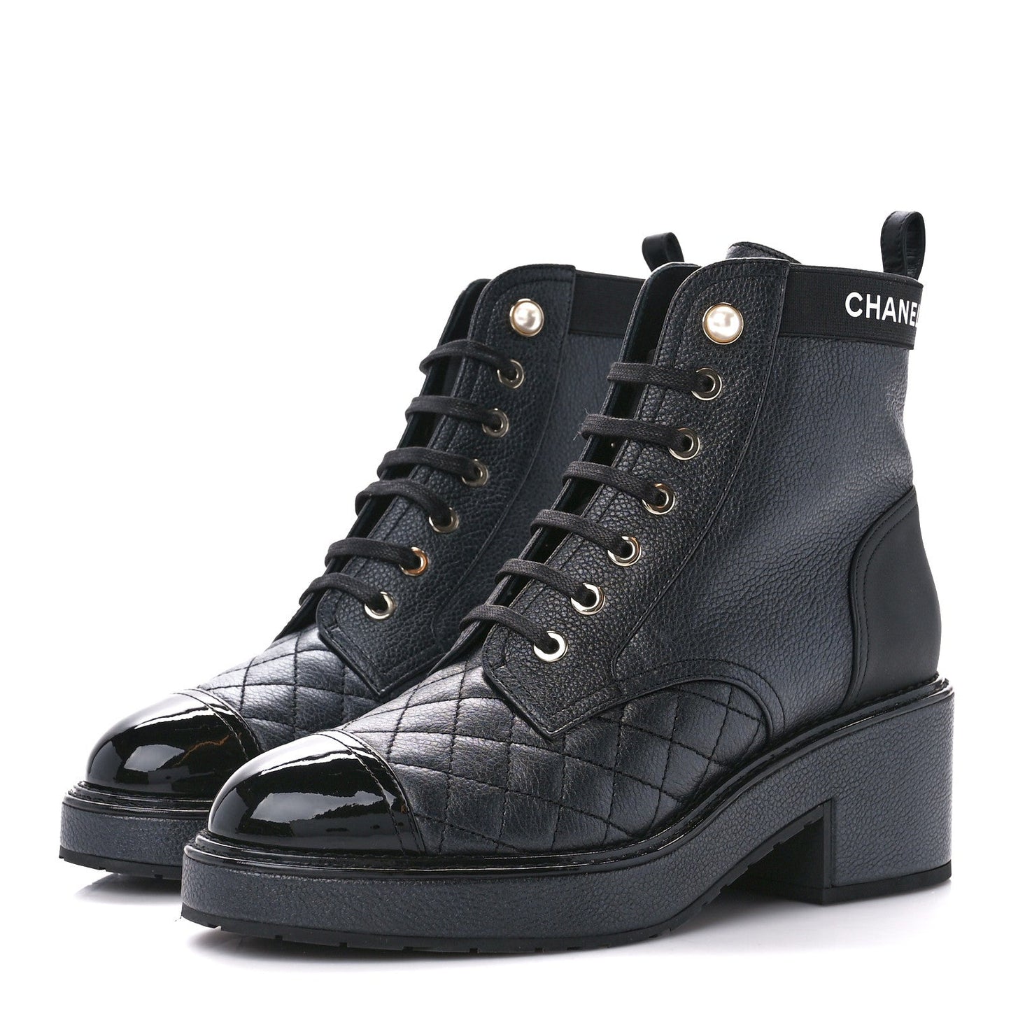 CHANEL PEARLY CALFSKIN LACE-UP COMBAT BOOTS