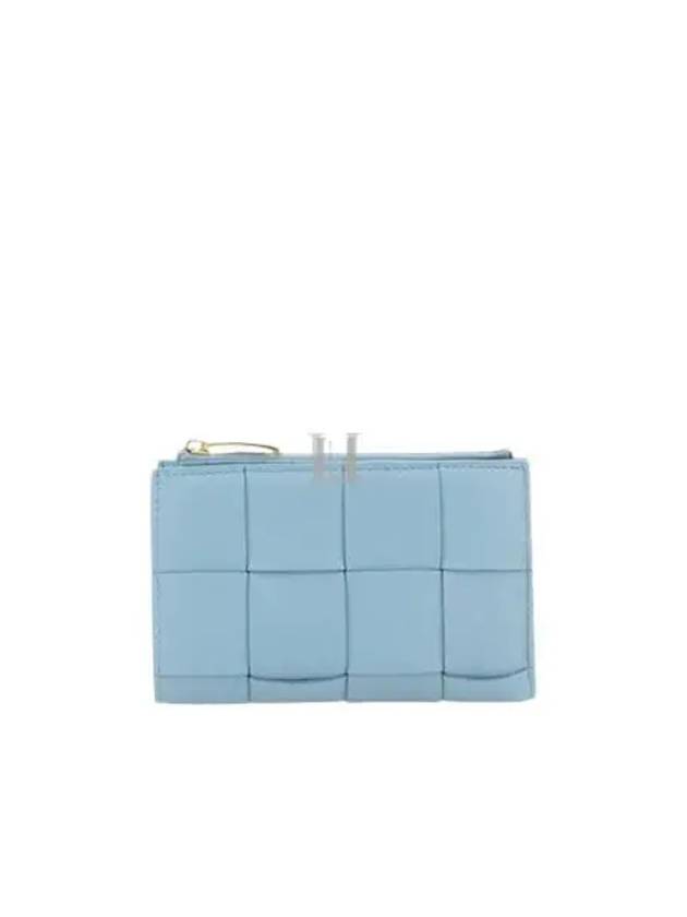 Luxury Bottega Veneta Intrecciato Flap Zipper Medium Half Wallet Light Blue