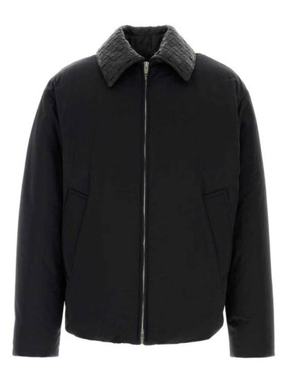 Luxury Bottega Veneta Intrecciato Leather Collar Tech Nylon Puffer Jacket Black