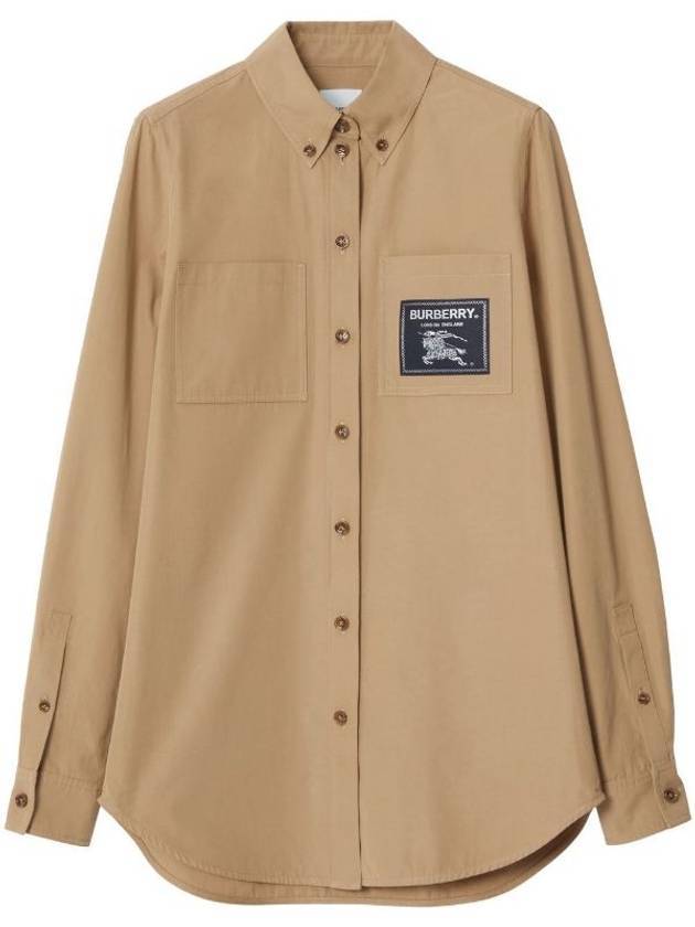 Luxury Burberry WoMen's Logo Patch Cotton Long Sleeve Shirt Camel