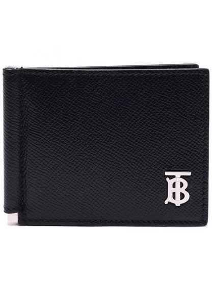 Luxury Burberry Men's TB Money Clip Grainy Leather Half Wallet Black