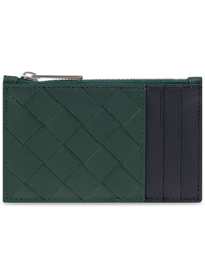 Luxury Bottega Veneta Intrecciato Zippered Leather Card Wallet Dark Green Navy