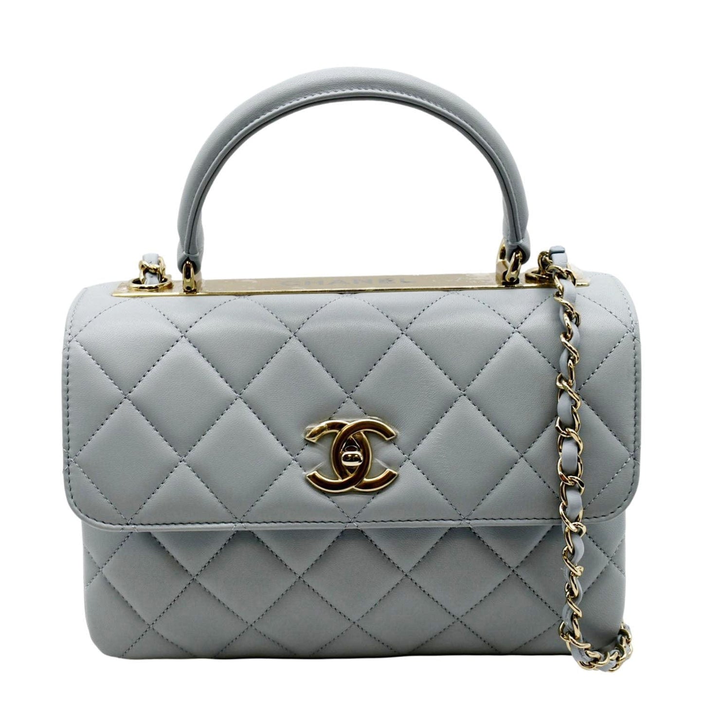 CHANEL Trendy CC Top Handle Flap Quilted Leather Shoulder Bag Light Blue