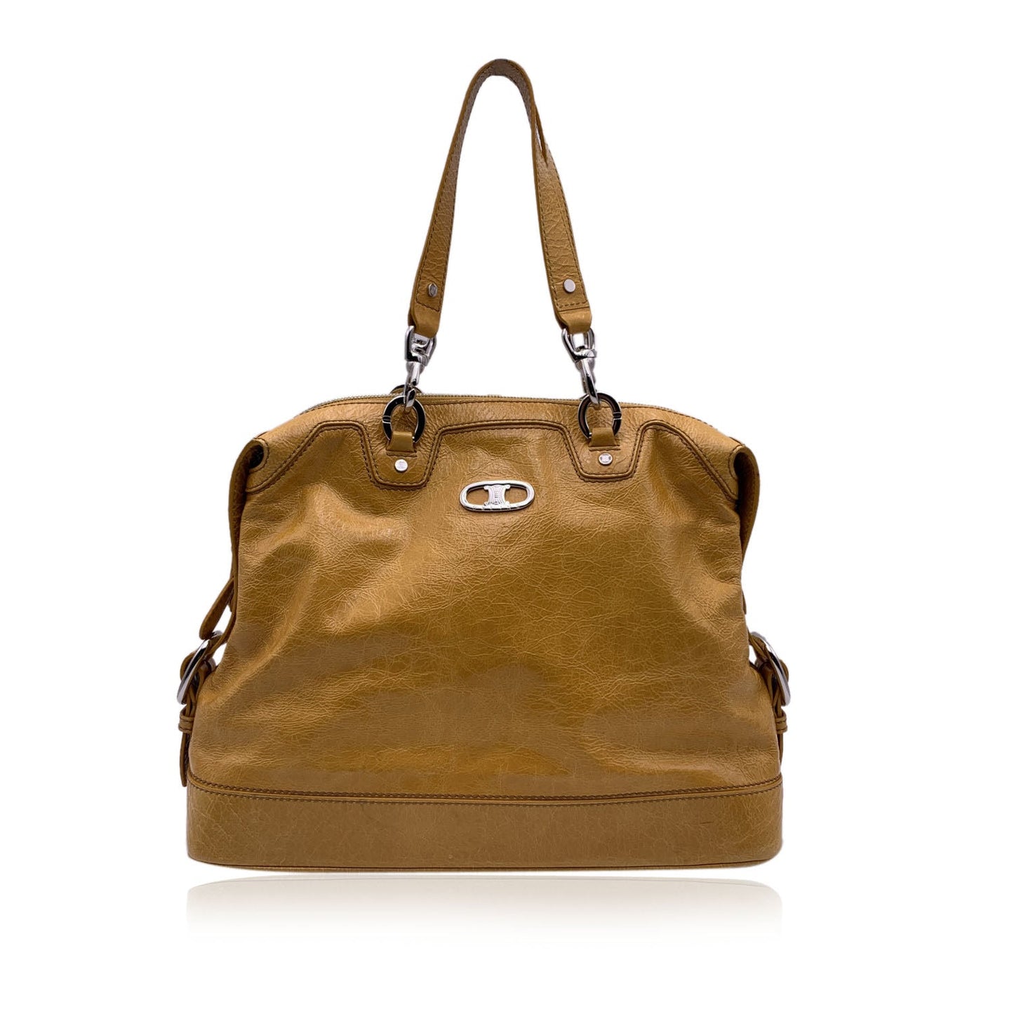 Luxury CELINE Yellow Mustard Crinkled Leather Tote Shoulder Bag
