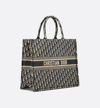 DIOR ECRU & BLUE OBLIQUE EMBROIDERY LARGE BOOK TOTE BAG