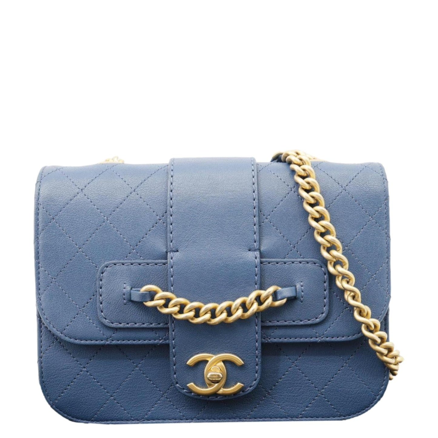 CHANEL Front Chain Flap Quilted Leather Shoulder Bag Blue