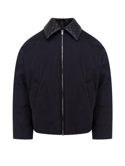 Luxury Bottega Veneta Intrecciato Leather Collar Tech Nylon Puffer Jacket Black