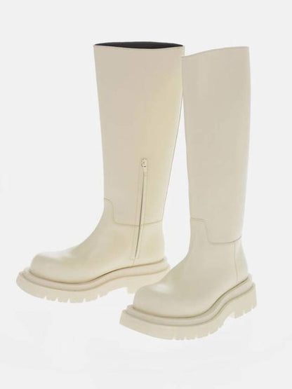 Luxury Bottega Veneta Lug Calfskin Long Boots Sea Salt