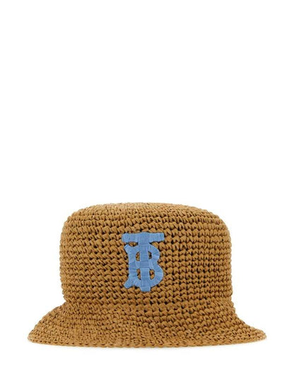 Luxury Burberry Monogram Motif Raffia Effect Bucket Hat Beige