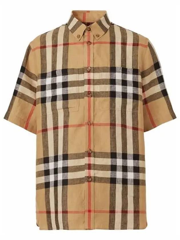 Luxury Burberry Linen Tartan Check Short Sleeve Shirt Brown