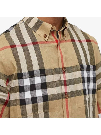 Luxury Burberry Linen Tartan Check Short Sleeve Shirt Brown