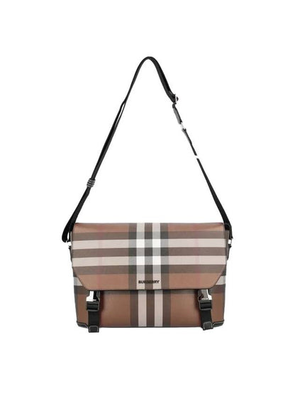 Luxury Burberry Check Print Leather Messenger Bag Dark Birch Brown