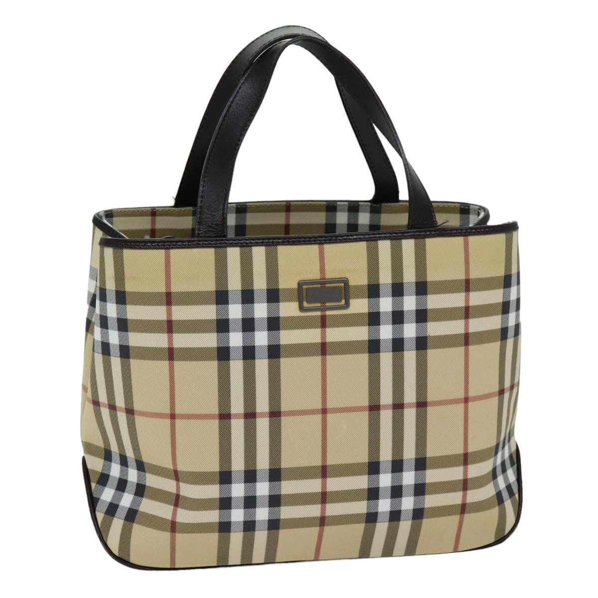 Luxury Burberry Nova Check Hand Bag PVC Leather Beige Dark Brown Auth ep4186