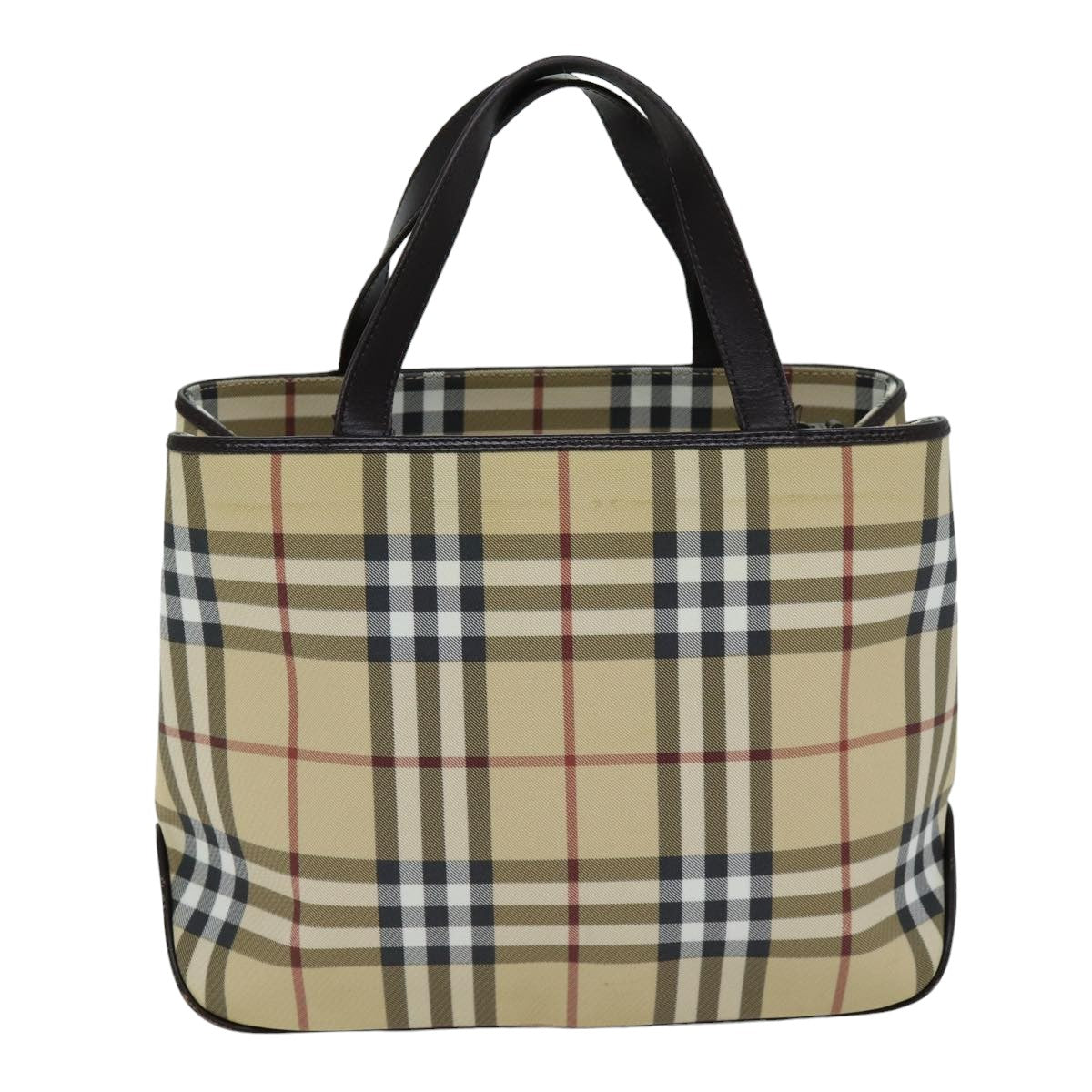 Luxury Burberry Nova Check Hand Bag PVC Leather Beige Dark Brown Auth ep4186