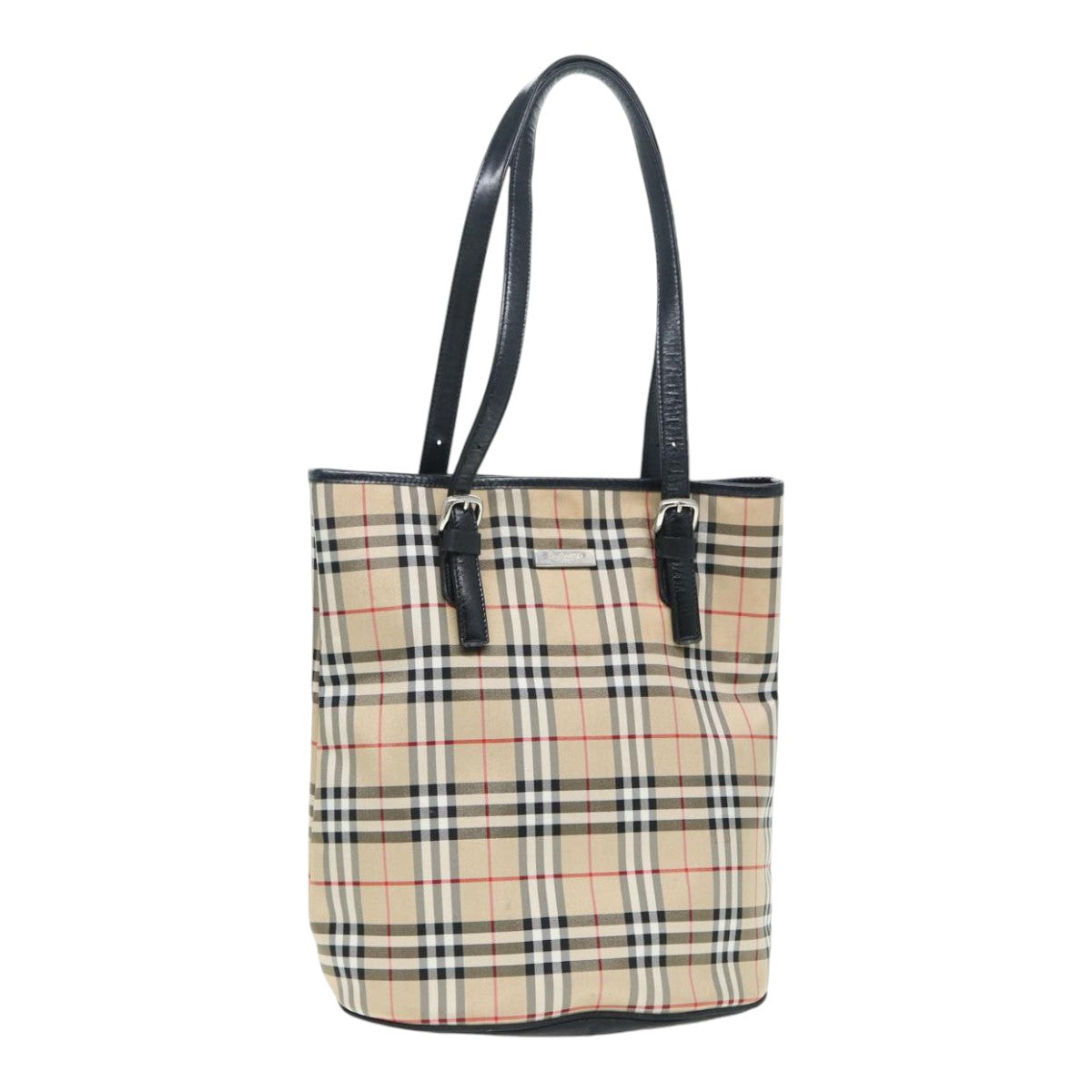 Luxury BurberrySs Nova Check Blue Label Tote Bag Nylon Beige Silver Auth ep5296