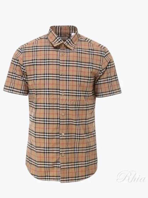 Luxury Burberry Small Scale Check Stretch Short Sleeve Shirt Archive Beige