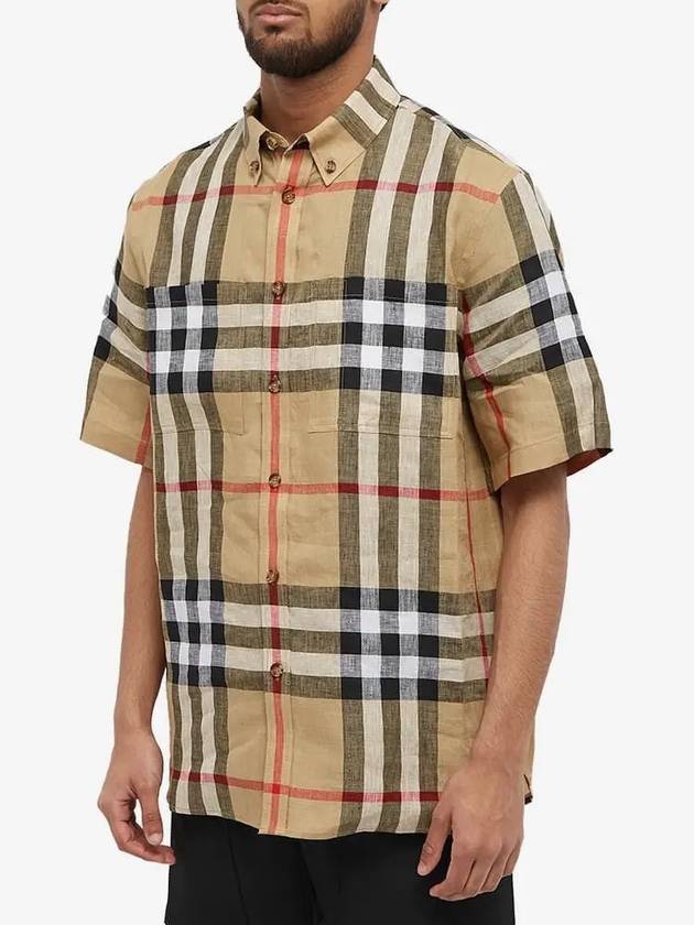 Luxury Burberry Linen Tartan Check Short Sleeve Shirt Brown