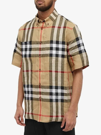 Luxury Burberry Linen Tartan Check Short Sleeve Shirt Brown