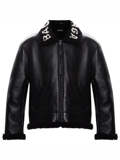 Luxury Balenciaga Trending 2025 Logo Shearling Collar Leather Jacket Black