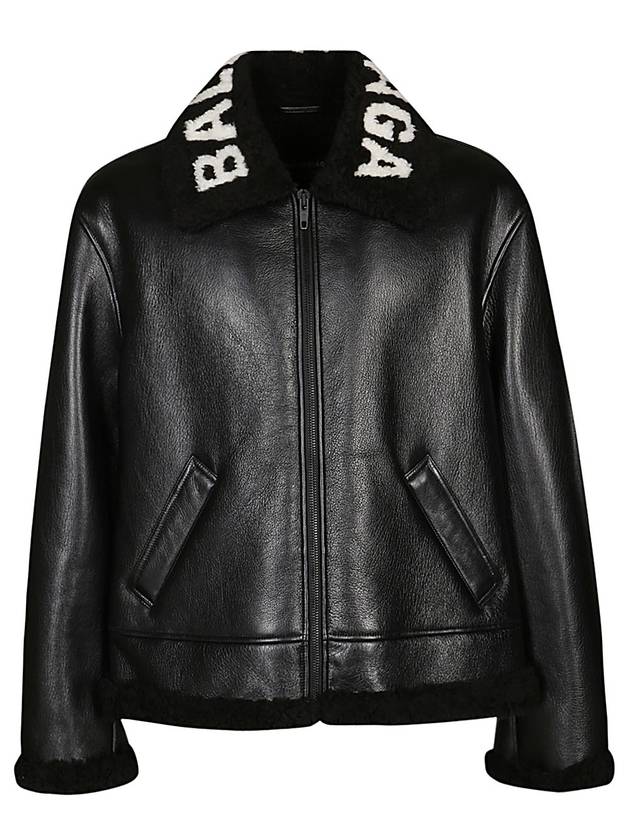 Luxury Balenciaga Trending 2025 Logo Shearling Collar Leather Jacket Black