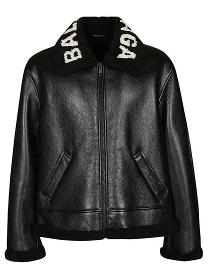 Luxury Balenciaga Trending 2025 Logo Shearling Collar Leather Jacket Black