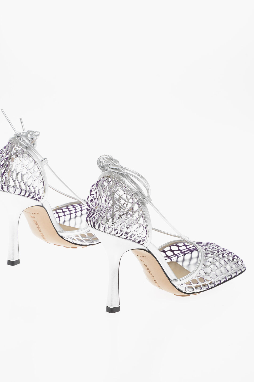 Luxury Bottega Veneta Fishnet Sandals Metallic Effect Heel 10 Cm
