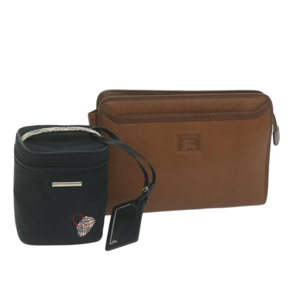 Luxury Burberry s Cosmetic Clutch Bag Leather 2Set Black Brown Auth fm3179