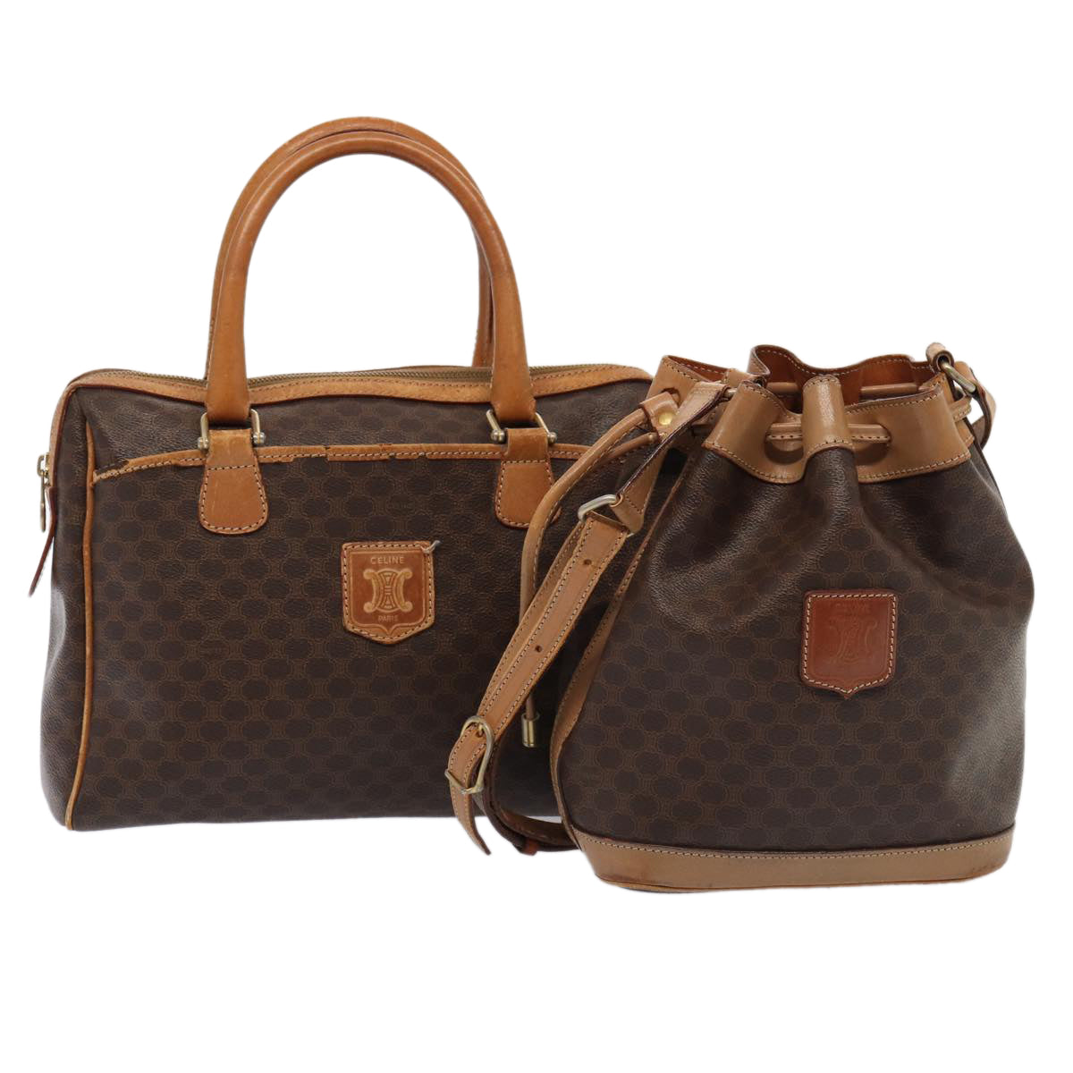 Luxury CELINE Macadam Canvas Shoulder Bag Hand Bag PVC Leather 2Set Brown  fm3566