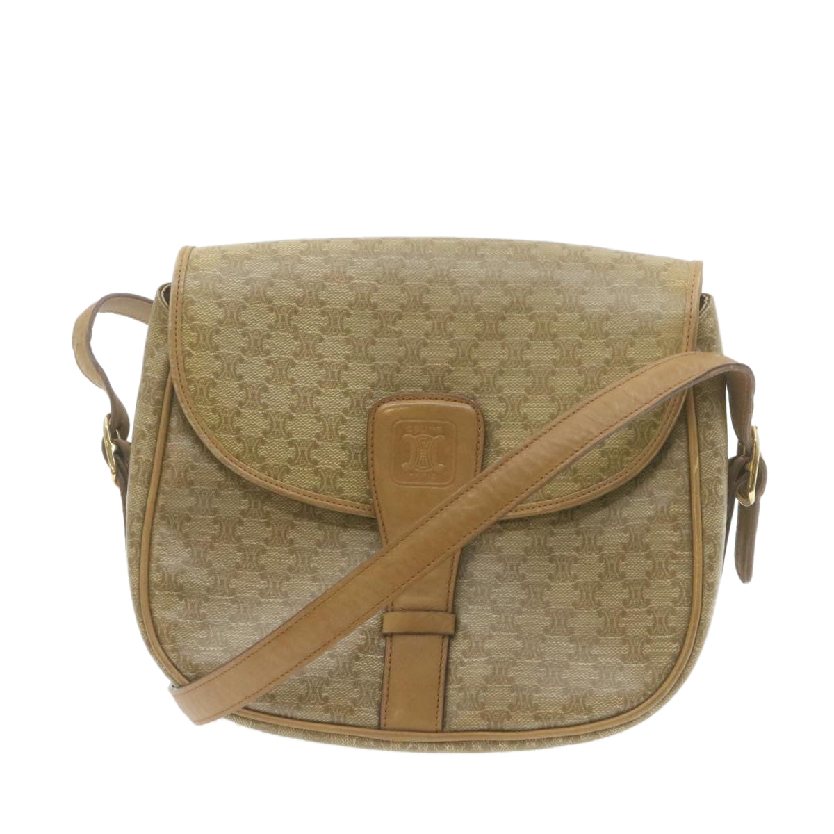 Luxury CELINE Macadam Canvas Shoulder Bag Beige PVC Leather  am612g
