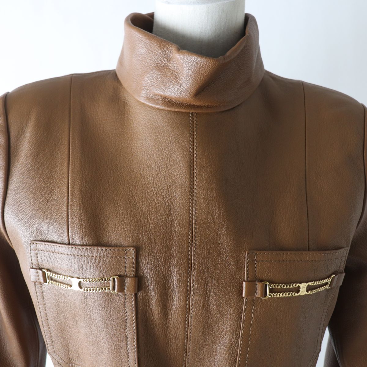 CELINE Leather coat Outer: 100% goatskin, Lining: 54% cupra, Lining: 46% rayon Brown Women 38