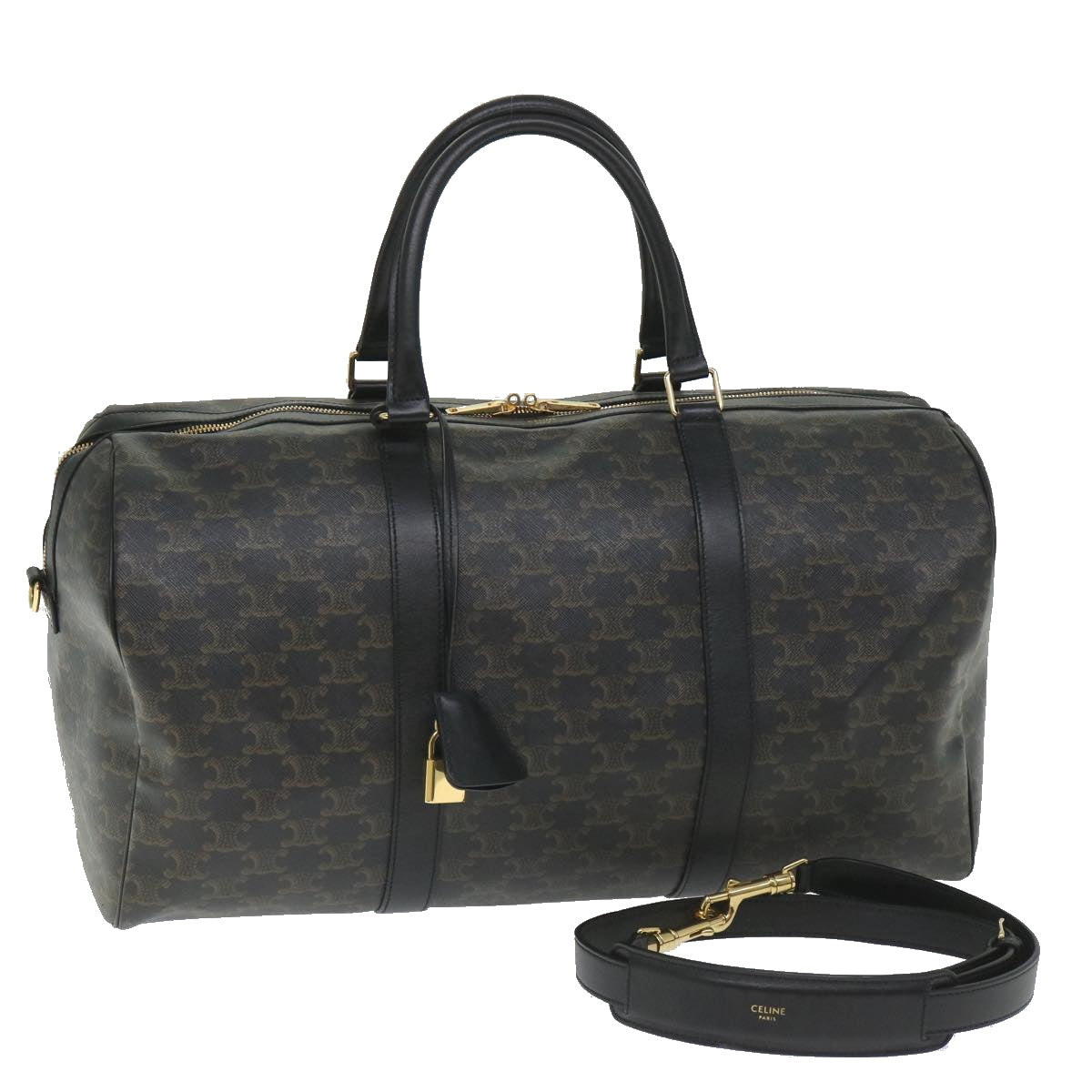 Luxury CELINE Triomphe Canvas Boston Bag PVC Leather 2way Black Auth hk880