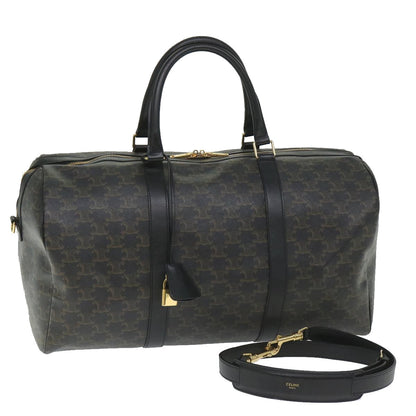 Luxury CELINE Triomphe Canvas Boston Bag PVC Leather 2way Black Auth hk880