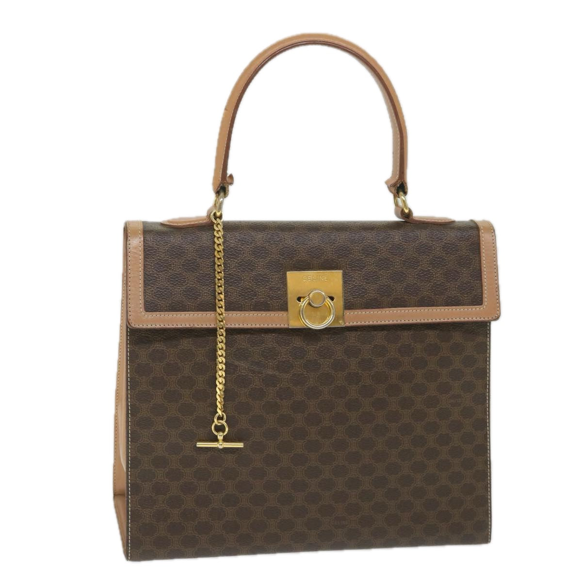 Luxury CELINE Macadam Canvas Top Handle Hand Bag PVC Leather Brown  hk911