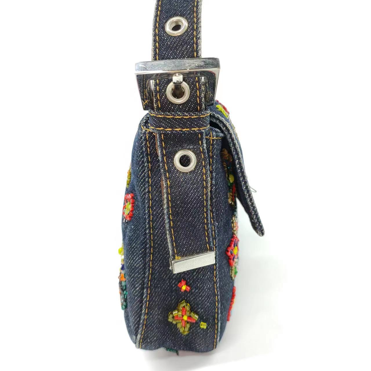 FENDI Baguette Blue Denim with beaded Flower Embroidery