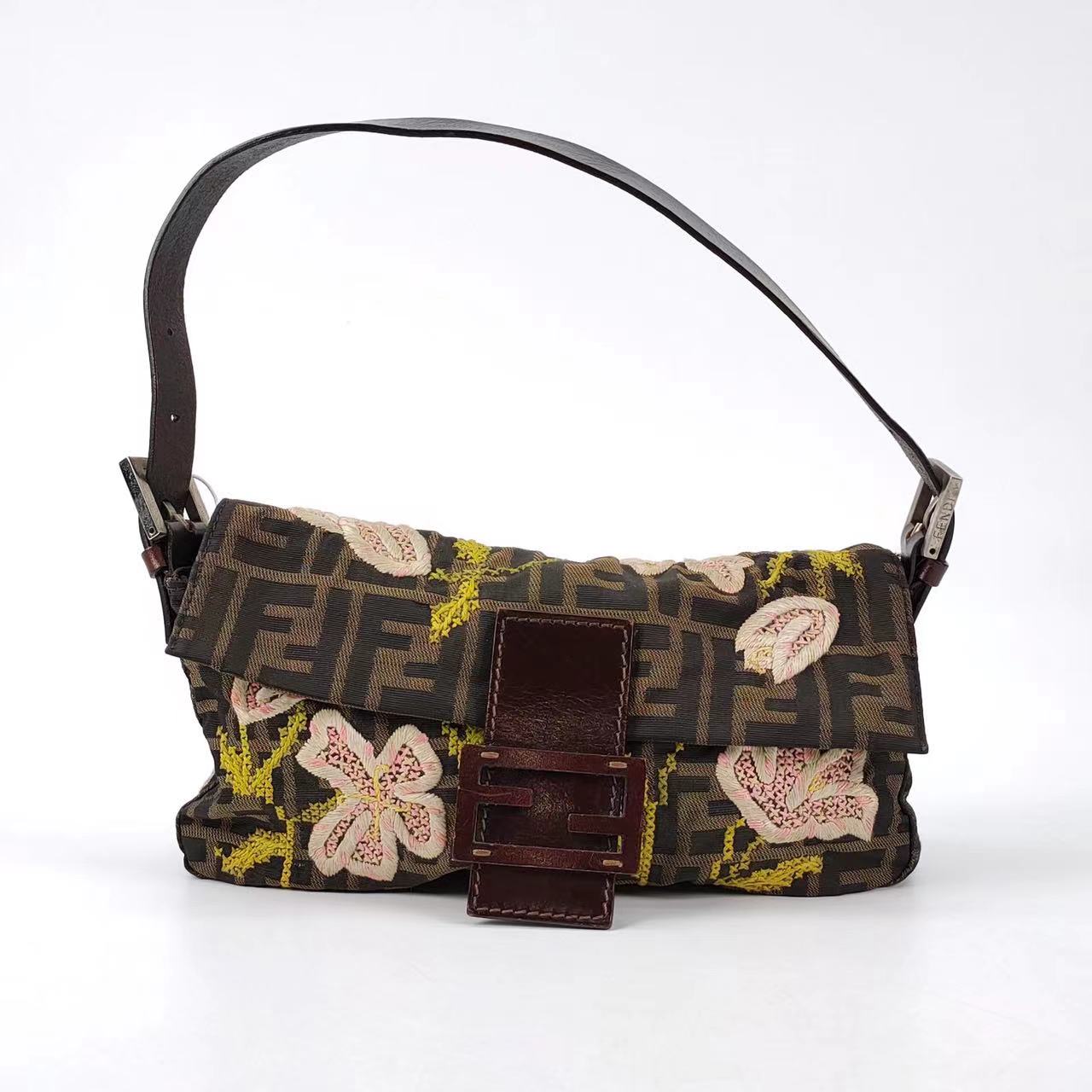 FENDI Baguette Zucca Print with Flower Embroidery