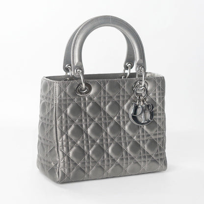 Lady Dior Medium Calfskin Leather Gunmetal Silver Grey