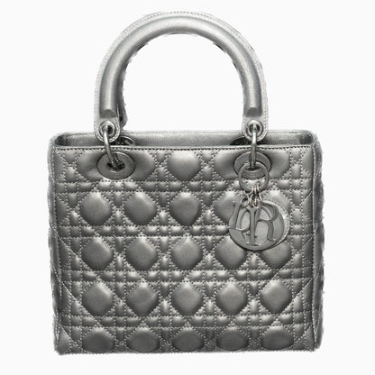 Lady Dior Medium Calfskin Leather Gunmetal Silver Grey