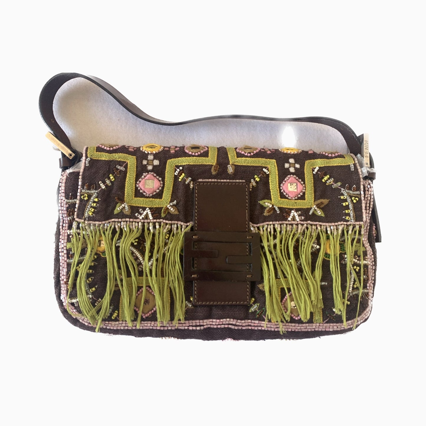 Fendi Baguette Vintage Brown Canvas/cotton with embroidery sequins mirrors and tassels