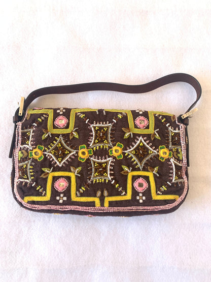 Fendi Baguette Vintage Brown Canvas/cotton with embroidery sequins mirrors and tassels