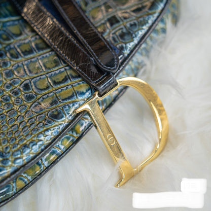 Dior Saddle Green Medium Crocodile embossed Leather Handbag