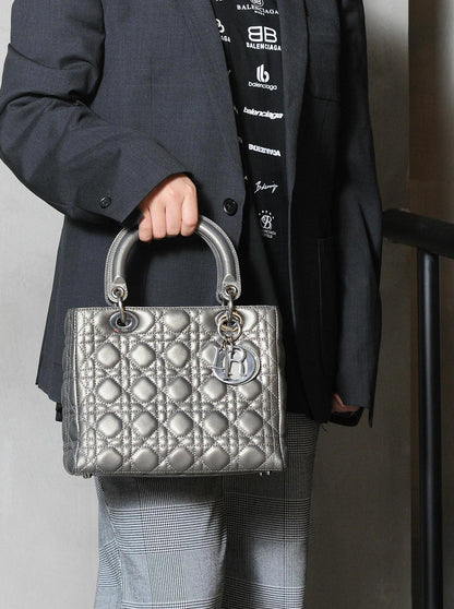 Lady Dior Medium Calfskin Leather Gunmetal Silver Grey